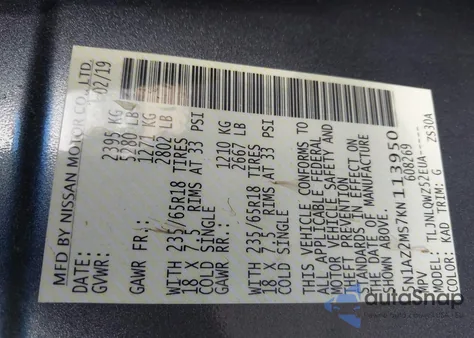 2019 Nissan Murano Sv from USA, damaged, VIN 5N1AZ2MS7KN113950